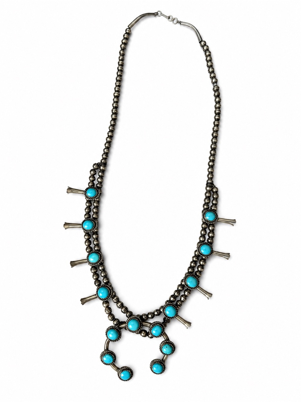 Vintage Petite Native Made Turquoise Squash Blossom Necklace 🩵 - Picture 4 of 10